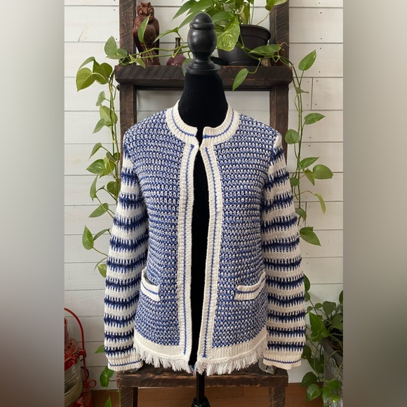 Talbots: Blue and White Mix Textured Jacket Sweater with Fringe Trim - Picture 12 of 17